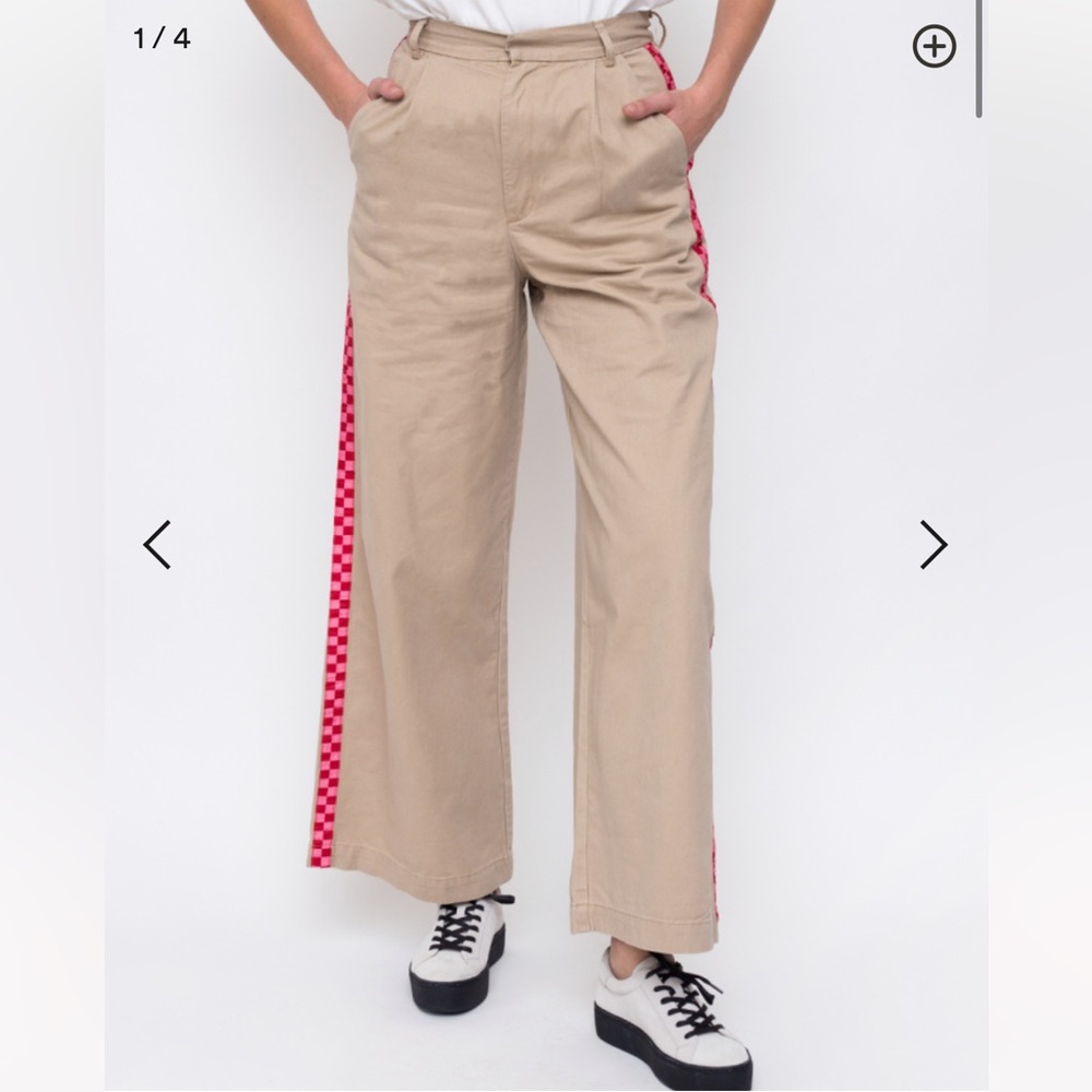 LAZY OAF X URBAN OUTFITTERS Wide Leg Cargo Chequered Pants Tan Beige Women SZ 26